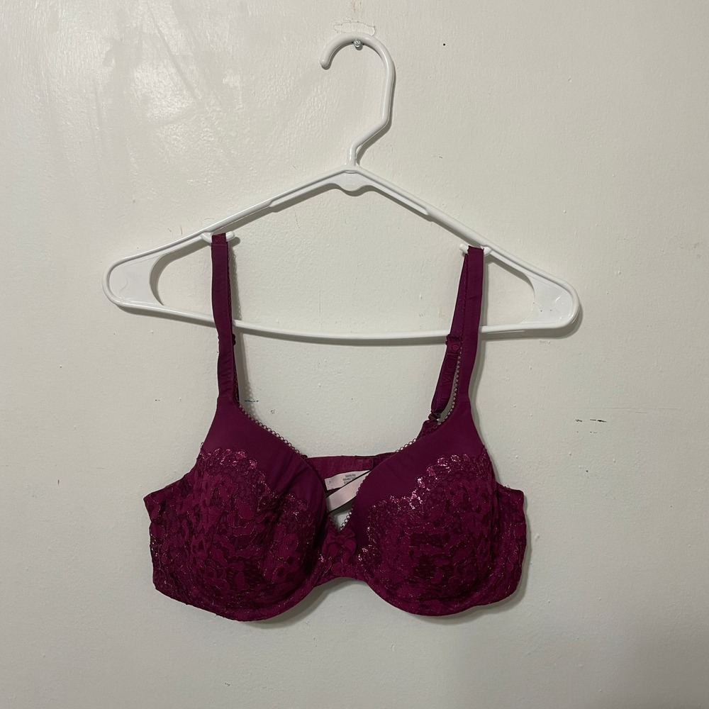 Victoria's Secret Burgundy Lace Demi‎ Trim Push-Up Underwire Bra 36C